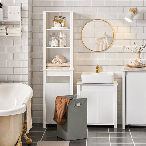 Rootz Tall Bathroom Cabinet with Fold-Out Laundry Bag - Linen Cupboard - Bathroom Shelf - Easy Assembly - Anti-Tip Device - Spacious Storage - 45cm x 171cm x 35cm
