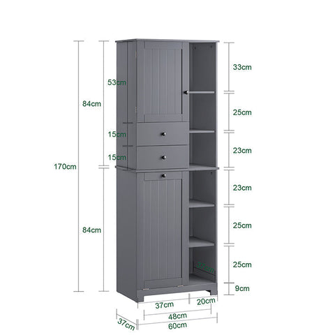 Rootz Tall Bathroom Cabinet with Drawer - Storage Unit - Laundry Basket - MDF - 60cm x 170cm x 37cm - 40kg - 70kg Capacity