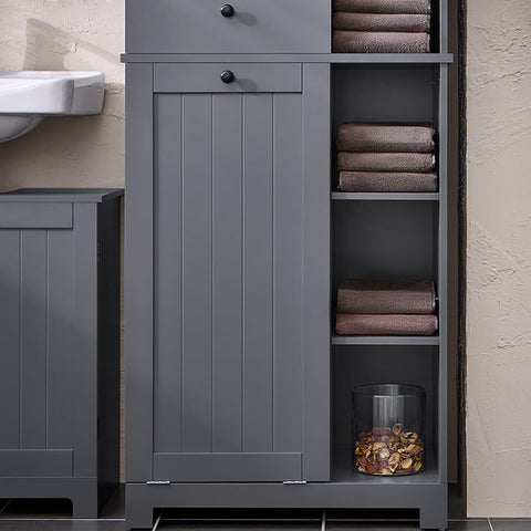Rootz Tall Bathroom Cabinet with Drawer - Storage Unit - Laundry Basket - MDF - 60cm x 170cm x 37cm - 40kg - 70kg Capacity
