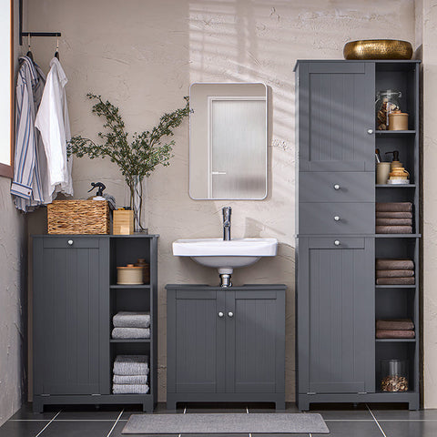 Rootz Tall Bathroom Cabinet with Drawer - Storage Unit - Laundry Basket - MDF - 60cm x 170cm x 37cm - 40kg - 70kg Capacity