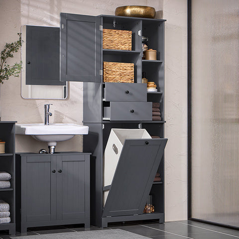 Rootz Tall Bathroom Cabinet with Drawer - Storage Unit - Laundry Basket - MDF - 60cm x 170cm x 37cm - 40kg - 70kg Capacity