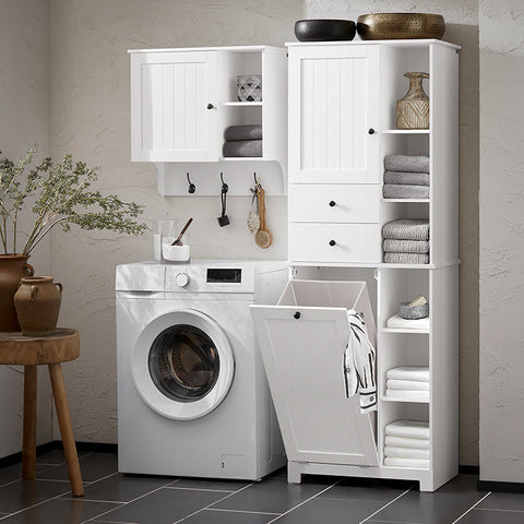 Rootz Tall Bathroom Cabinet with Fold-Out Laundry Bag - Storage Organizer - Utility Cupboard - MDF Construction - Easy Assembly - 60cm x 171cm x 37cm