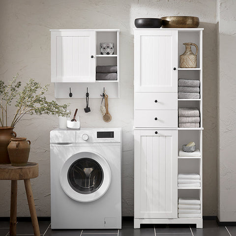 Rootz Tall Bathroom Cabinet with Fold-Out Laundry Bag - Storage Organizer - Utility Cupboard - MDF Construction - Easy Assembly - 60cm x 171cm x 37cm