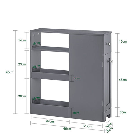 Rootz Narrow Gap Storage Trolley - Space Saver Cart - Slim Rolling Organizer - MDF Material - 20cm x 70cm x 65cm