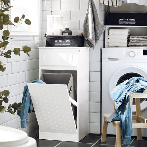 Rootz Linen Cabinet with Laundry Basket - Laundry Collector - Laundry Sorter - Anti-Tip Safety - Accessory Drawer - MDF Construction - 40cm x 86cm x 39cm