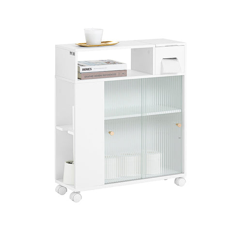 Rootz Niche Trolley with Glass Doors - Bathroom Storage Cart - Kitchen Organizer - MDF and Glass Construction - Mobile and Stable with Rotating Wheels - Spacious Storage - 20cm x 71cm x 60cm