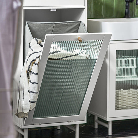 Rootz Laundry Cabinet with Laundry Bag - Laundry Chest - Laundry Collector - Durable MDF & Glass - Stable Metal Legs - 40cm x 96cm x 40cm