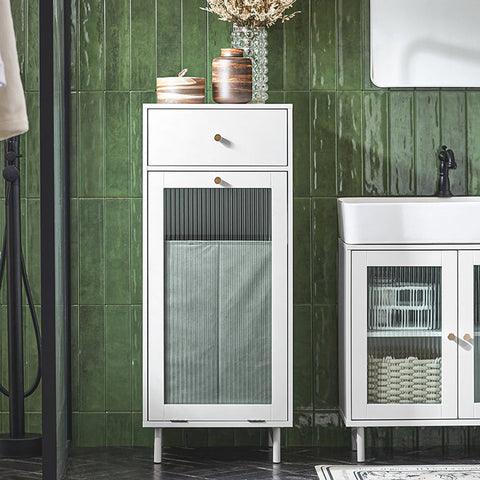Rootz Laundry Cabinet with Laundry Bag - Laundry Chest - Laundry Collector - Durable MDF & Glass - Stable Metal Legs - 40cm x 96cm x 40cm