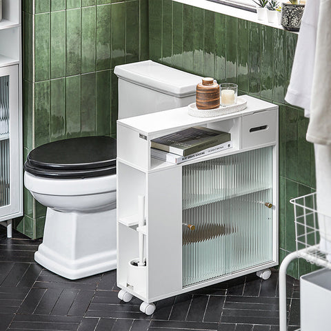 Rootz Niche Trolley with Glass Doors - Bathroom Storage Cart - Kitchen Organizer - MDF and Glass Construction - Mobile and Stable with Rotating Wheels - Spacious Storage - 20cm x 71cm x 60cm