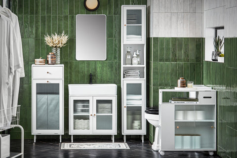 Rootz Tall Bathroom Cabinet - Storage Organizer - Glass Door Cabinet - Adjustable Shelves - Water-Resistant Metal Legs - MDF and Glass - 30cm x 171cm x 30cm