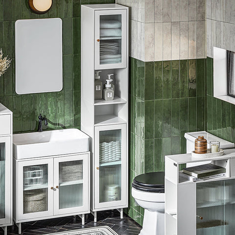 Rootz Tall Bathroom Cabinet - Storage Organizer - Glass Door Cabinet - Adjustable Shelves - Water-Resistant Metal Legs - MDF and Glass - 30cm x 171cm x 30cm