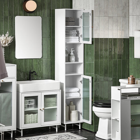 Rootz Tall Bathroom Cabinet - Storage Organizer - Glass Door Cabinet - Adjustable Shelves - Water-Resistant Metal Legs - MDF and Glass - 30cm x 171cm x 30cm