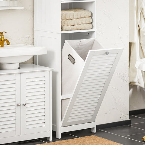 Rootz Tall Bathroom Cabinet with Fold-Out Laundry Bag - Linen Cupboard - Storage Shelf - Adjustable Shelf - Anti-Tip Device - White - 40cm x 170cm x 38cm