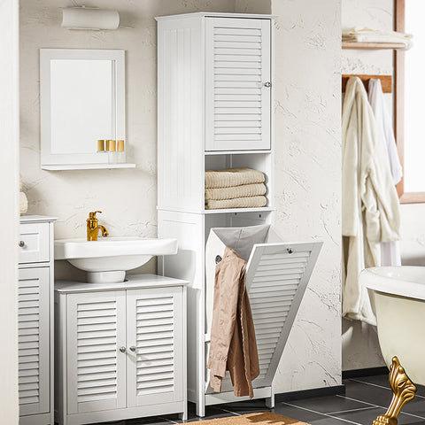 Rootz Tall Bathroom Cabinet with Fold-Out Laundry Bag - Linen Cupboard - Storage Shelf - Adjustable Shelf - Anti-Tip Device - White - 40cm x 170cm x 38cm
