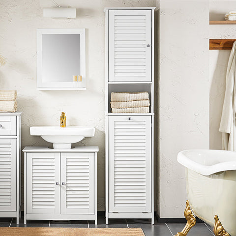 Rootz Tall Bathroom Cabinet with Fold-Out Laundry Bag - Linen Cupboard - Storage Shelf - Adjustable Shelf - Anti-Tip Device - White - 40cm x 170cm x 38cm
