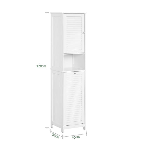 Rootz Tall Bathroom Cabinet with Fold-Out Laundry Bag - Linen Cupboard - Storage Shelf - Adjustable Shelf - Anti-Tip Device - White - 40cm x 170cm x 38cm