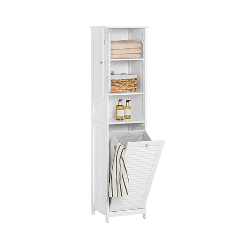 Rootz Tall Bathroom Cabinet with Fold-Out Laundry Bag - Linen Cupboard - Storage Shelf - Adjustable Shelf - Anti-Tip Device - White - 40cm x 170cm x 38cm
