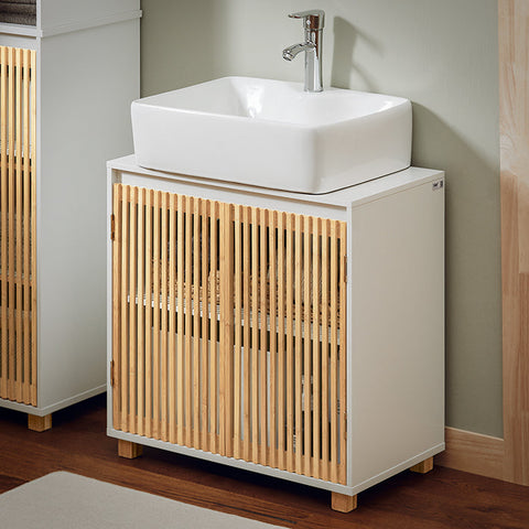 Rootz Sink Base Cabinet - Bathroom Cabinet - Under Sink Storage - Durable Bamboo Doors - Siphon Recess - Easy Assembly - 60cm x 60cm x 33cm
