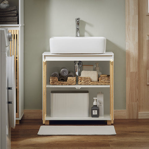 Rootz Sink Base Cabinet - Bathroom Cabinet - Under Sink Storage - Durable Bamboo Doors - Siphon Recess - Easy Assembly - 60cm x 60cm x 33cm