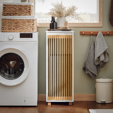 Rootz Laundry Cabinet with Fold-Out Bag - Laundry Collector - Bathroom Storage - Durable Bamboo & MDF Construction - Easy Transport Handles - 32cm x 85cm x 33cm