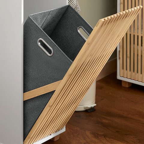 Rootz Laundry Cabinet with Fold-Out Bag - Laundry Collector - Bathroom Storage - Durable Bamboo & MDF Construction - Easy Transport Handles - 32cm x 85cm x 33cm