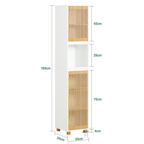 Rootz Tall Bathroom Cabinet - Narrow Bathroom Shelf - Bathroom Storage Unit - Durable Bamboo Doors - Wall Mount Safety - Ample Storage Space - 33cm x 165cm x 33cm