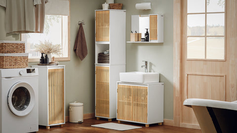 Rootz Tall Bathroom Cabinet - Narrow Bathroom Shelf - Bathroom Storage Unit - Durable Bamboo Doors - Wall Mount Safety - Ample Storage Space - 33cm x 165cm x 33cm