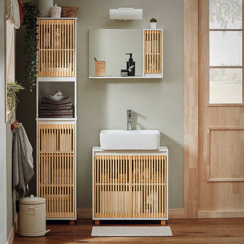 Rootz Tall Bathroom Cabinet - Narrow Bathroom Shelf - Bathroom Storage Unit - Durable Bamboo Doors - Wall Mount Safety - Ample Storage Space - 33cm x 165cm x 33cm