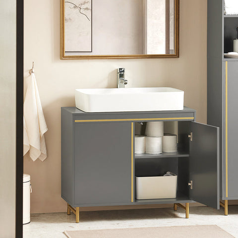 Rootz Modern Sink Base Cabinet - Bathroom Vanity - Storage Organizer - Stylish Gray and Gold Finish - Spacious Interior - Easy Assembly - 75cm x 65cm x 35cm