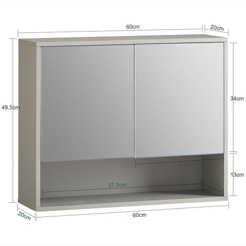 Rootz Bathroom Mirror Cabinet - Wall Cabinet - Storage Organizer - Space-Saving 2-in-1 Design - Adjustable Shelves - Easy Assembly - 60cm x 49.5cm x 20cm
