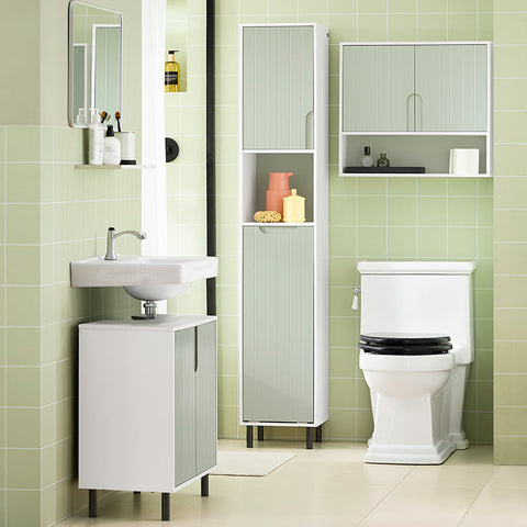 Rootz Tall Bathroom Cabinet with Fold-Out Laundry Bag - Linen Cupboard - Narrow Storage Shelf - Adjustable Shelving - White-Green - 31cm x 167cm x 30cm