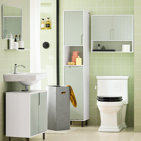 Rootz Tall Bathroom Cabinet with Fold-Out Laundry Bag - Linen Cupboard - Narrow Storage Shelf - Adjustable Shelving - White-Green - 31cm x 167cm x 30cm