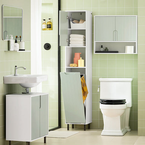 Rootz Tall Bathroom Cabinet with Fold-Out Laundry Bag - Linen Cupboard - Narrow Storage Shelf - Adjustable Shelving - White-Green - 31cm x 167cm x 30cm