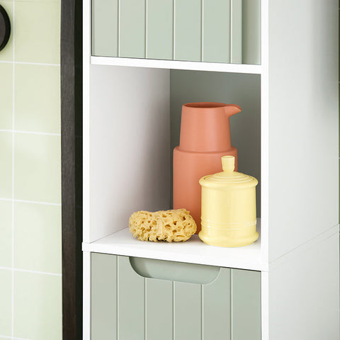 Rootz Tall Bathroom Cabinet with Fold-Out Laundry Bag - Linen Cupboard - Narrow Storage Shelf - Adjustable Shelving - White-Green - 31cm x 167cm x 30cm