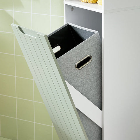 Rootz Tall Bathroom Cabinet with Fold-Out Laundry Bag - Linen Cupboard - Narrow Storage Shelf - Adjustable Shelving - White-Green - 31cm x 167cm x 30cm