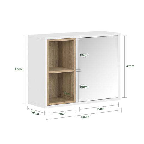 Rootz Wall Closet Mirror Door - Storage Cabinet - Bathroom Organizer - Adjustable Shelves - Compact Design - 60x45x20cm