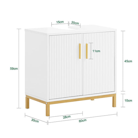 Rootz Sink Unit Cabinet - Bathroom Cabinet - Storage Cupboard - Adjustable Shelf - 60x59x30cm - Classic White with Golden Metal Handles - Modern Design