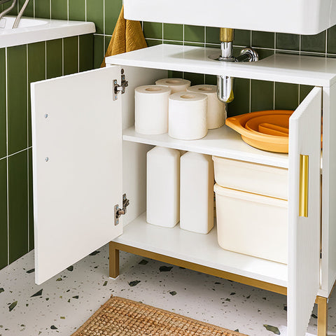 Rootz Sink Unit Cabinet - Bathroom Cabinet - Storage Cupboard - Adjustable Shelf - 60x59x30cm - Classic White with Golden Metal Handles - Modern Design