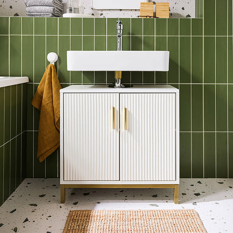 Rootz Sink Unit Cabinet - Bathroom Cabinet - Storage Cupboard - Adjustable Shelf - 60x59x30cm - Classic White with Golden Metal Handles - Modern Design