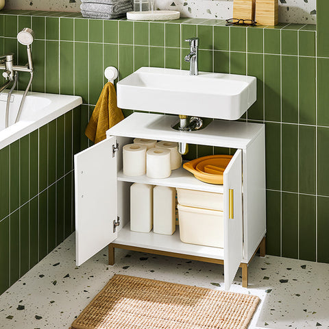 Rootz Sink Unit Cabinet - Bathroom Cabinet - Storage Cupboard - Adjustable Shelf - 60x59x30cm - Classic White with Golden Metal Handles - Modern Design