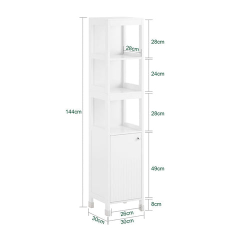 Rootz Tall Bathroom Cabinet - Slim Storage Unit - Narrow Organizer - Adjustable Shelf - 30x144x30cm - MDF E1