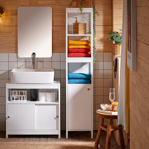 Rootz Tall Bathroom Cabinet - Slim Storage Unit - Narrow Organizer - Adjustable Shelf - 30x144x30cm - MDF E1