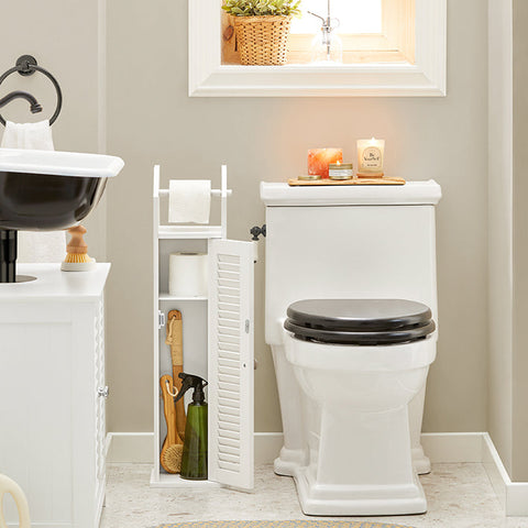 Rootz Narrow Toilet Paper Cabinet - Bathroom Storage - Space Saver - Mold Resistant - Air-Permeable Slatted Door - 20cm x 79cm x 18cm