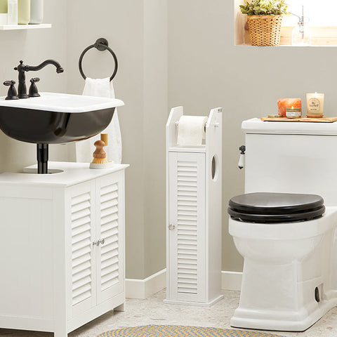 Rootz Narrow Toilet Paper Cabinet - Bathroom Storage - Space Saver - Mold Resistant - Air-Permeable Slatted Door - 20cm x 79cm x 18cm