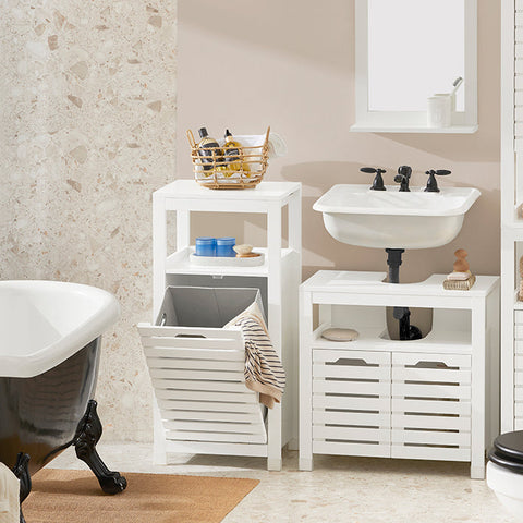 Rootz Laundry Cupboard with Laundry Bag - Laundry Collector - Laundry Basket - Air-Permeable Slatted Doors - Moisture Protection - Easy Assembly - White - 42cm x 90cm x 30cm
