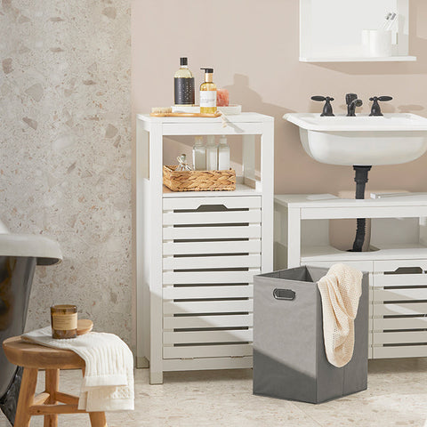 Rootz Laundry Cupboard with Laundry Bag - Laundry Collector - Laundry Basket - Air-Permeable Slatted Doors - Moisture Protection - Easy Assembly - White - 42cm x 90cm x 30cm