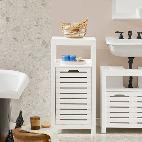 Rootz Laundry Cupboard with Laundry Bag - Laundry Collector - Laundry Basket - Air-Permeable Slatted Doors - Moisture Protection - Easy Assembly - White - 42cm x 90cm x 30cm