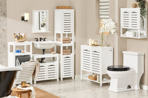 Rootz Laundry Cupboard with Laundry Bag - Laundry Collector - Laundry Basket - Air-Permeable Slatted Doors - Moisture Protection - Easy Assembly - White - 42cm x 90cm x 30cm