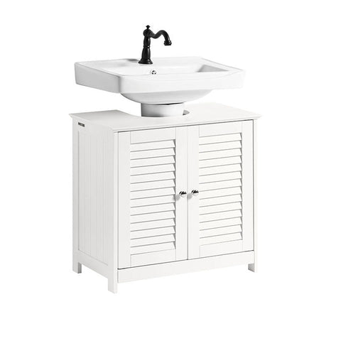 Rootz Bathroom Sink Base Cabinet - Storage Cabinet - White MDF Cabinet - Mold Prevention - Decorative Slatted Door - 57cm x 58cm x 35cm