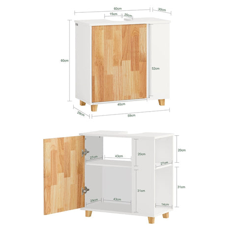 Rootz Sink Base Cabinet - Bathroom Vanity - Under Sink Storage - MDF and Rubber Wood - Siphon Cut-Out - Stable Design - 60cm x 60cm x 29cm